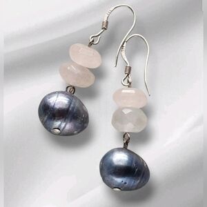 Sterling Silver 925 Rose Quartz & Gray Baroque Pearl Dangle Pierced Earrings